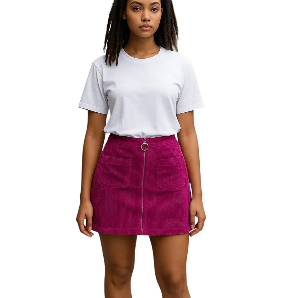 Fuchsia Pink Cotton Corduroy Center Zip Pocket Mini Skirt Medium